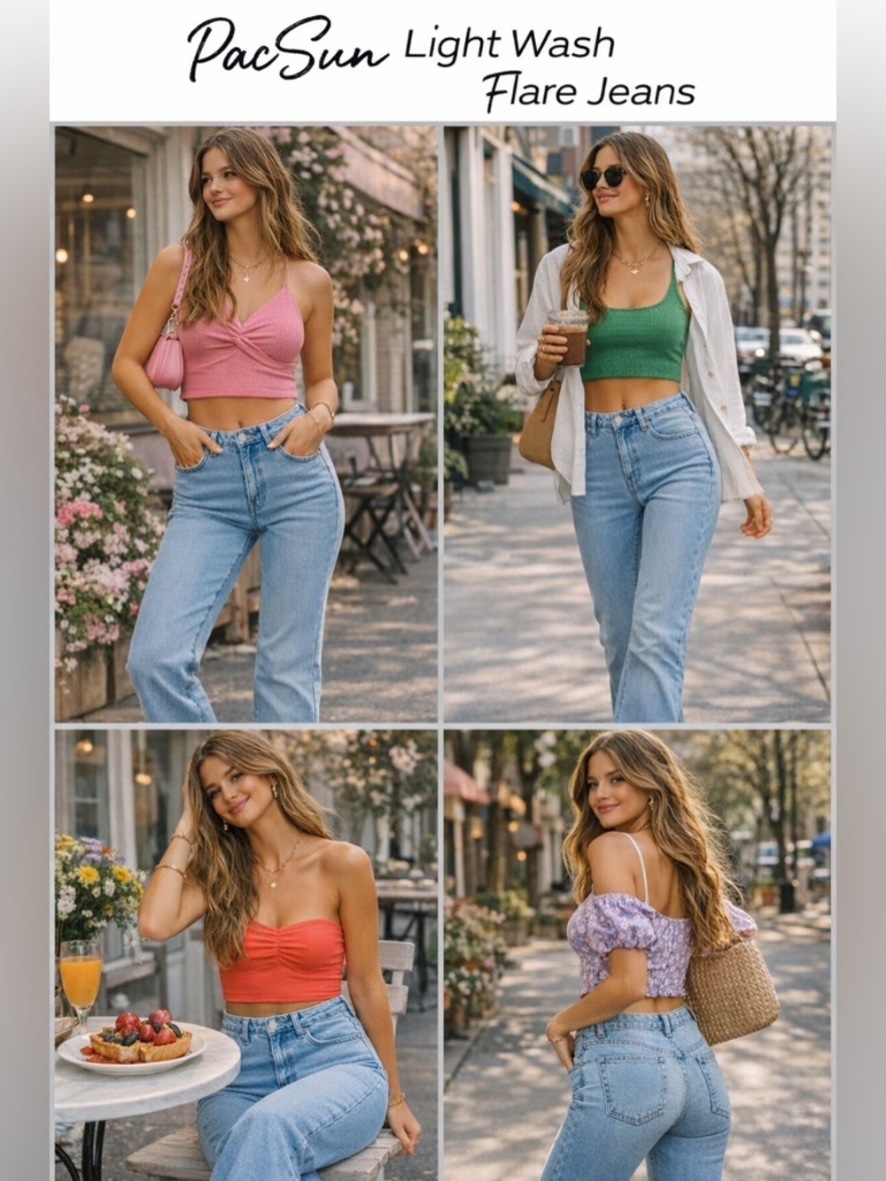 PacSun Light Wash Flare Jeans with Pink, Green, Coral & Lavender Crop Tops